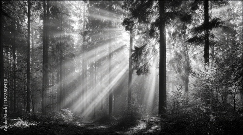 Sunbeams pierce a misty forest (1)