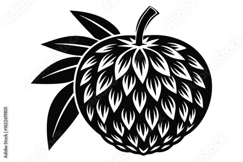 Black and White Illustration of a Cherimoya Fruit with Leaves, Graphic Style