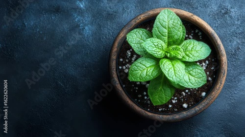 Fresh mint plant in a terracotta pot on a dark blue grunge background with good light and high