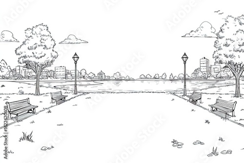 Hand-drawn illustration of a park scene with benches and a lake.
