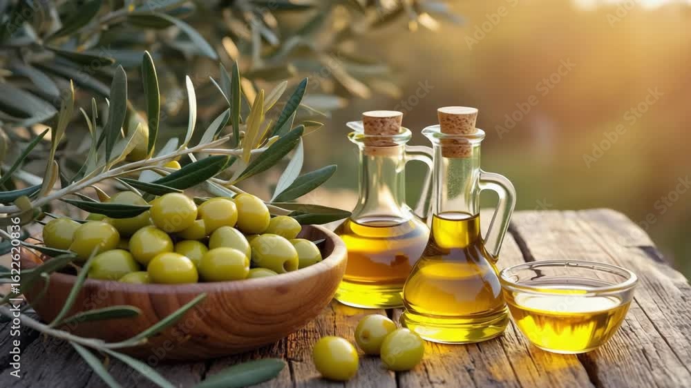 Glass of oil and Fresh green olives on wooden bowl alongside olive branches Glass of oil and Fresh green olives on wooden bowl alongside olive branches