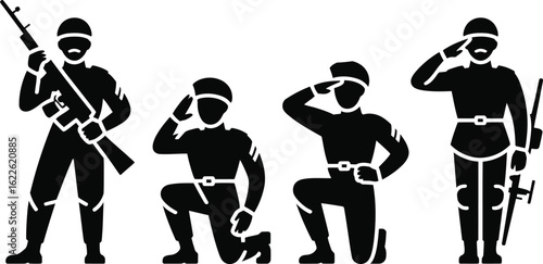 Silhouette of four soldiers in uniform with rifles and saluting