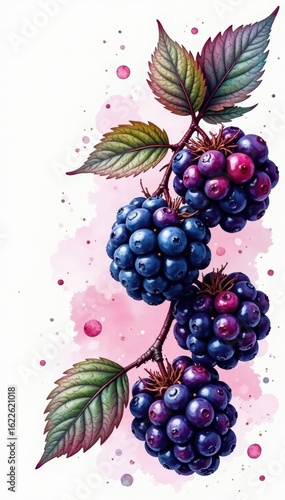 Luscious blackberries, watercolor wash, white background, abstract, background