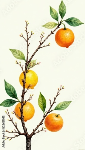Minimal citrus fruit watercolor wall art set Spring branches, oranges, lemons , artwork, poster