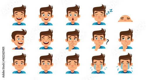Cartoon man displaying various emotions and expressions including happiness sadness and confusion in a set