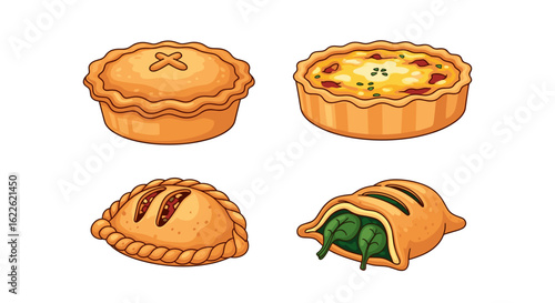 Illustration of four different types of savory pies with various fillings and crust designs displayed