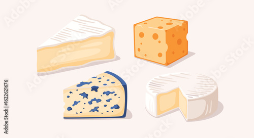 Assortment of different cheeses including brie, cheddar, blue cheese, and camembert on white background