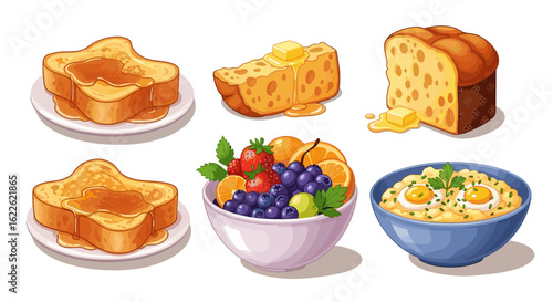 Illustration of breakfast foods including toast with syrup, bread with butter, fruit and eggs salad