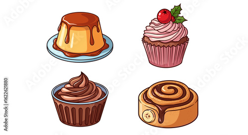 Illustration showing flan, cupcake, chocolate dessert and cinnamon roll on a white background