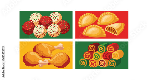 A collage of four food images displaying decorated eggs, pastries, fried chicken and colorful swiss rolls