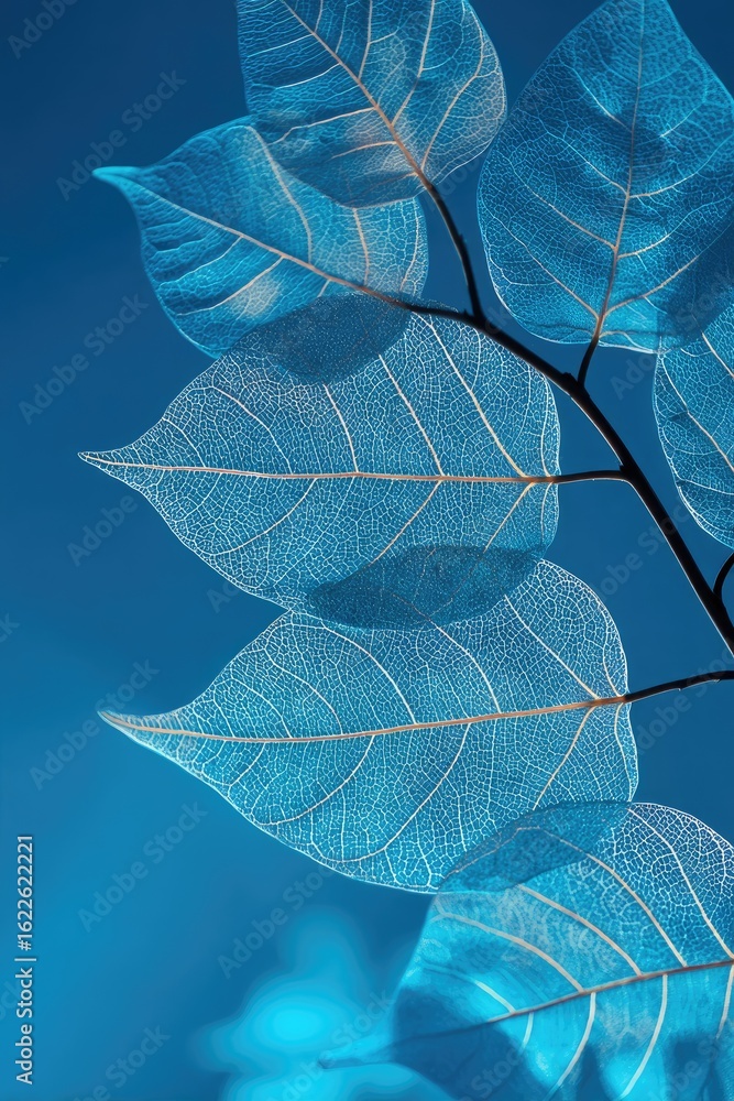 Obraz premium Close-up of translucent light-blue leaves against a deep blue sky