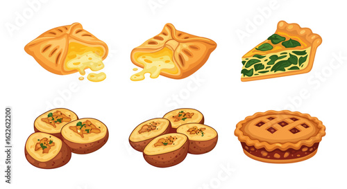 Illustration showing cheese pastries, spinach pie slice, stuffed potatoes, and a lattice topped pie