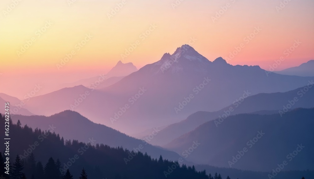 Fototapeta premium Serene Mountain Landscape at Dusk with Colorful Sky and Fog