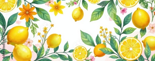 Delicate watercolor lemon & exotic floral pattern , texture, flowers