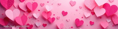 Dense cluster of pink paper hearts forming confetti overlay, group, celebration