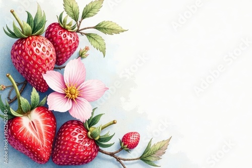 Delicate watercolor wild strawberries, blossoms & berries , artwork, sweet