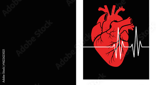 Stylized heart illustration featuring a simple pulse graph, clean poster in red and white on black background. Heart symbol displayed with its pulse signal emphasizes health and awareness.
