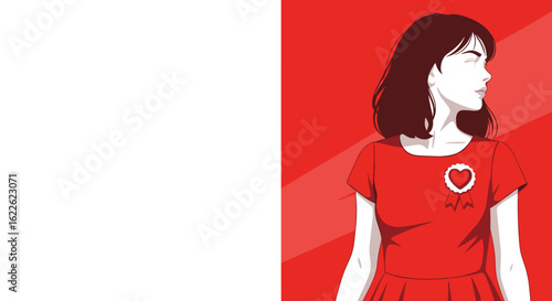 Teen girl illustration with heart symbol on her red dress, a minimal poster design. Teen girl graphic art showcases youthful awareness and health.