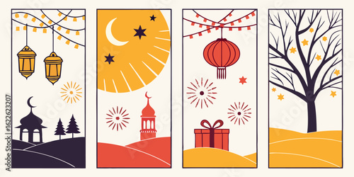 Festive Holiday Illustrations Celebrating Diwali Christmas Ramadan Halloween and Lunar New Year Traditions and Celebrations
