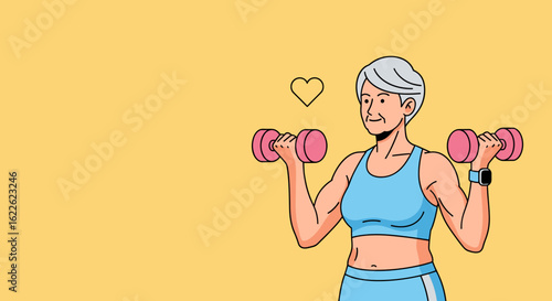 Fit senior woman lifting light dumbbells in flat design, showing a heart symbol above. The fit senior woman strengthens her muscles with a light workout to maintain health and vitality.