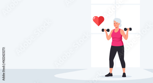 Fit senior woman exercising with dumbbells indoors, promoting World Heart Day awareness. Fit senior woman maintaining active lifestyle for cardiovascular health.