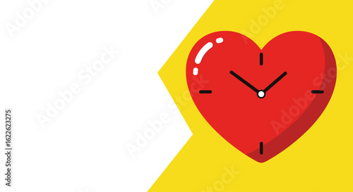 Ticking red heart-shaped clock showing passing time for important health reminders. Time flies, as demonstrated by a red heart-shaped clock ticking away on bright yellow background,