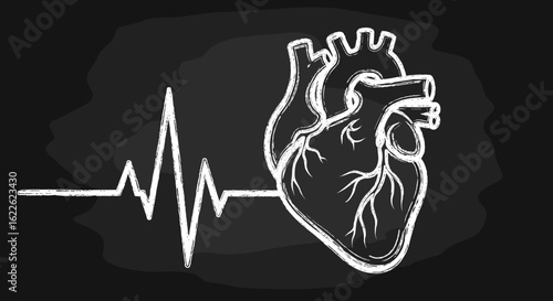 Heart health concept sketched with chalk on blackboard featuring anatomical heart and cardiogram. Detailed heart health concept emphasizes heart illustration drawn in chalk, accompanied by line graph.