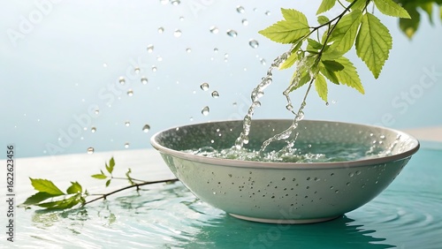 Water splashing into a light gray speckled bowl with green leaves image