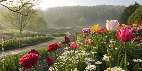 Vibrant tulips and daisies in a misty morning garden flowers bloom