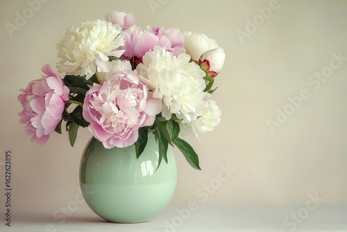 Wallpaper Mural Pale green egg-shaped vase with white and pink peonies against pastel beige background, vibrant flickering purple and sky-blue hues Torontodigital.ca