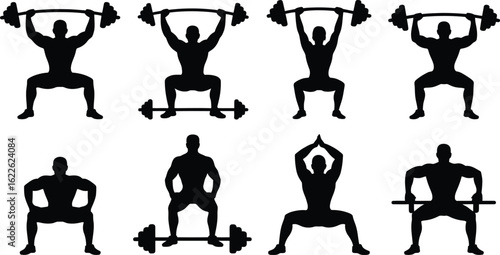 Silhouette of a man performing weightlifting exercises in sequence