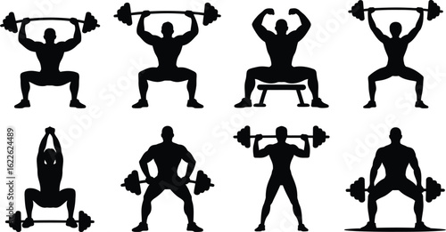 Silhouettes of athletes performing weightlifting exercises with barbells