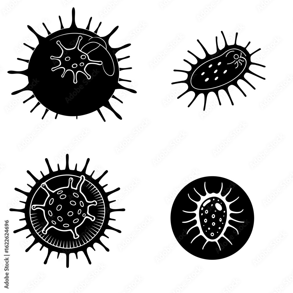 Fototapeta premium Illustration of various virus and bacteria shapes with spiky outer layers in black and white style