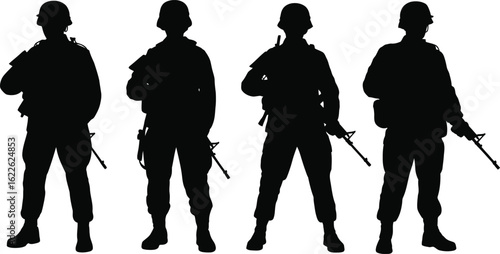Four silhouetted soldiers standing ready with rifles