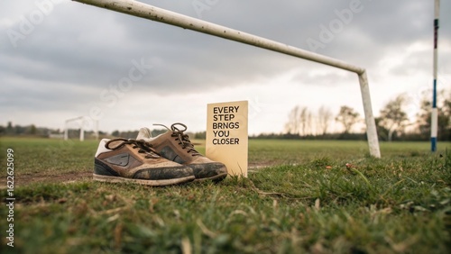 Worn Soccer Shoes on Field with Motivational Quote Sign Nearby