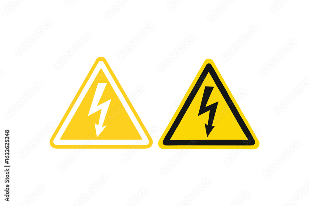 Obraz premium Two Yellow Warning Signs with Electrical Hazard Symbols on a Clean White Background Featuring High Voltage and Electrical Safety Awareness