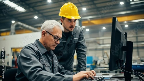 Two Engineers Analyzing Computer Screen With Industrial Machinery Background In A Modern Workshop