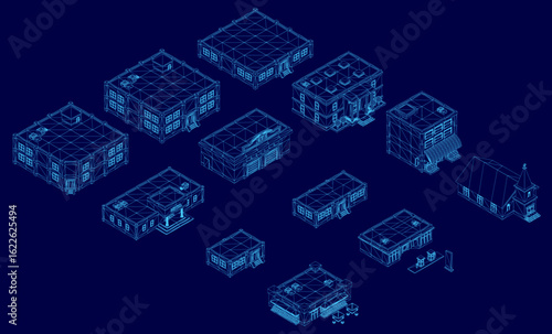 A low poly wireframe blueprint of a building on a blue background, showcasing detailed architectural elements and structural design. The clean lines and geometric shapes highlight modern.