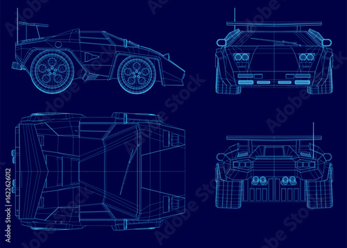 Car blueprint features a low-poly wireframe design with intricate lines and precise curves.