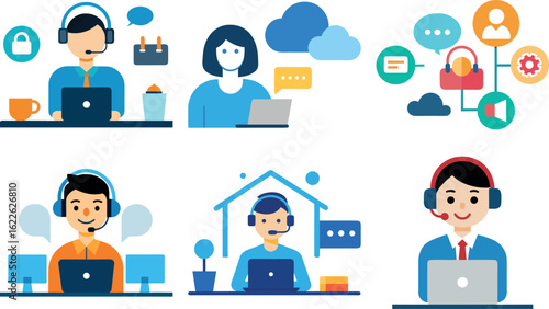 Time management set. Characters using scheduling tools to manage, Call center  prioritize, delegate tasks. Business and organization concept. Vector illustration. 