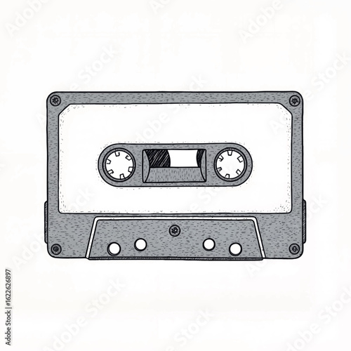 Vintage cassette tape illustration in monochrome style