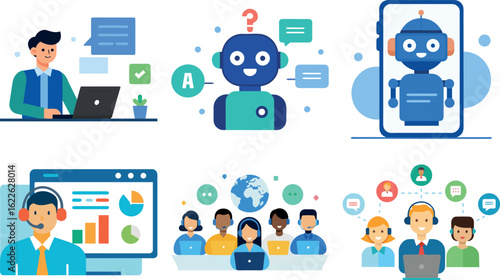 Project management set. Characters using scheduling tools to manage, prioritize, delegate tasks. Business and organization concept. Vector illustration.