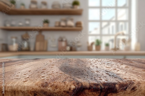 Wooden Kitchen Table Top With Water Drops In Blurred Kitchen Interior