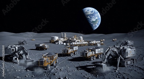 A lunar base construction on the moon with earth in the background