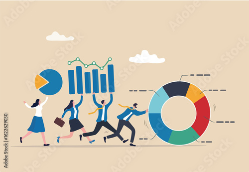 Data driven or data analysis, chart and graph report, analytics, research and optimization, big data or intelligence information, insight concept, business people carrying bar graph and pie chart.