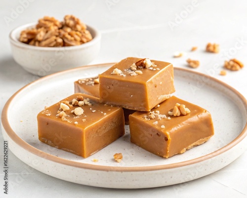 Penuche fudge on a plate with white background.
