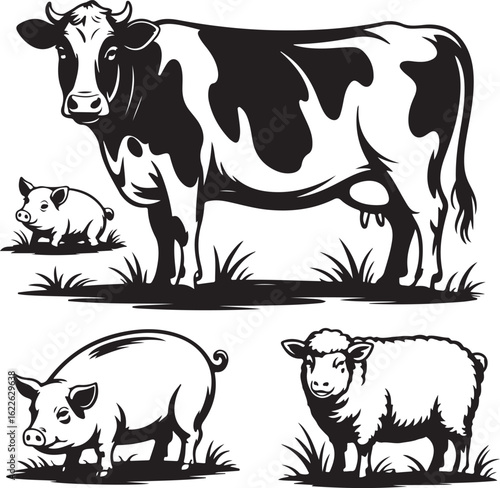 Black and white vintage-style silhouettes of a cow, pig, and sheep, set against a light beige background with subtle texture.