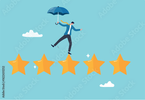 Performance review, annual employee evaluation, appraisal or rating feedback, success five stars employee, excellent feedback opinion concept, businessman balance himself on stars rating evaluation.