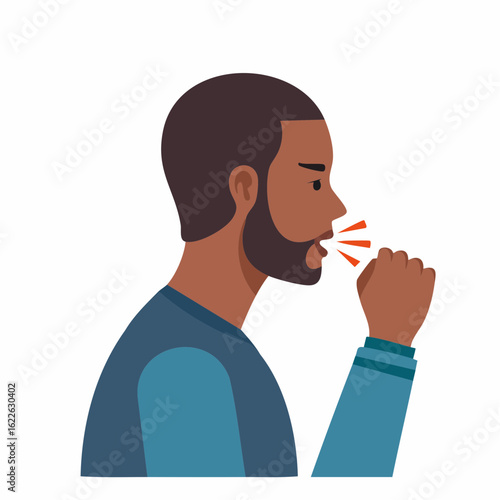 Man Coughing Illustration: A cartoon illustration of a man with a beard, visibly coughing into his fist, highlighting the spread of illness and disease. 