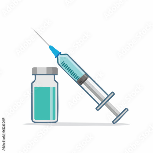 Vaccination in healthcare: A precise, bright shot depicting a syringe and vial with a vaccine, representing the essence of preventative medicine and inoculation in clear detail.